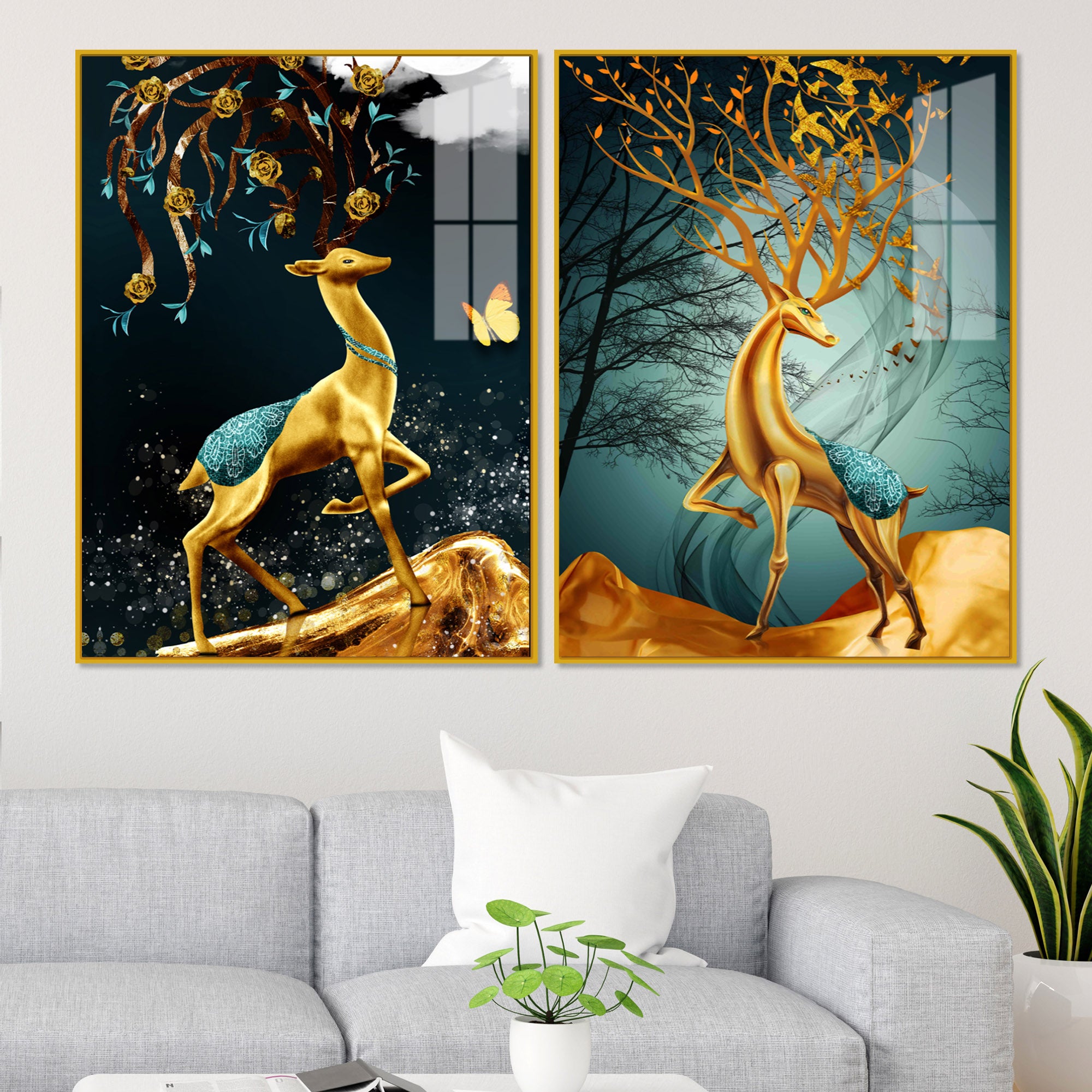 Abstract Luxury Golden Deer Acrylic Art Floating Wall Painting Set Of 2