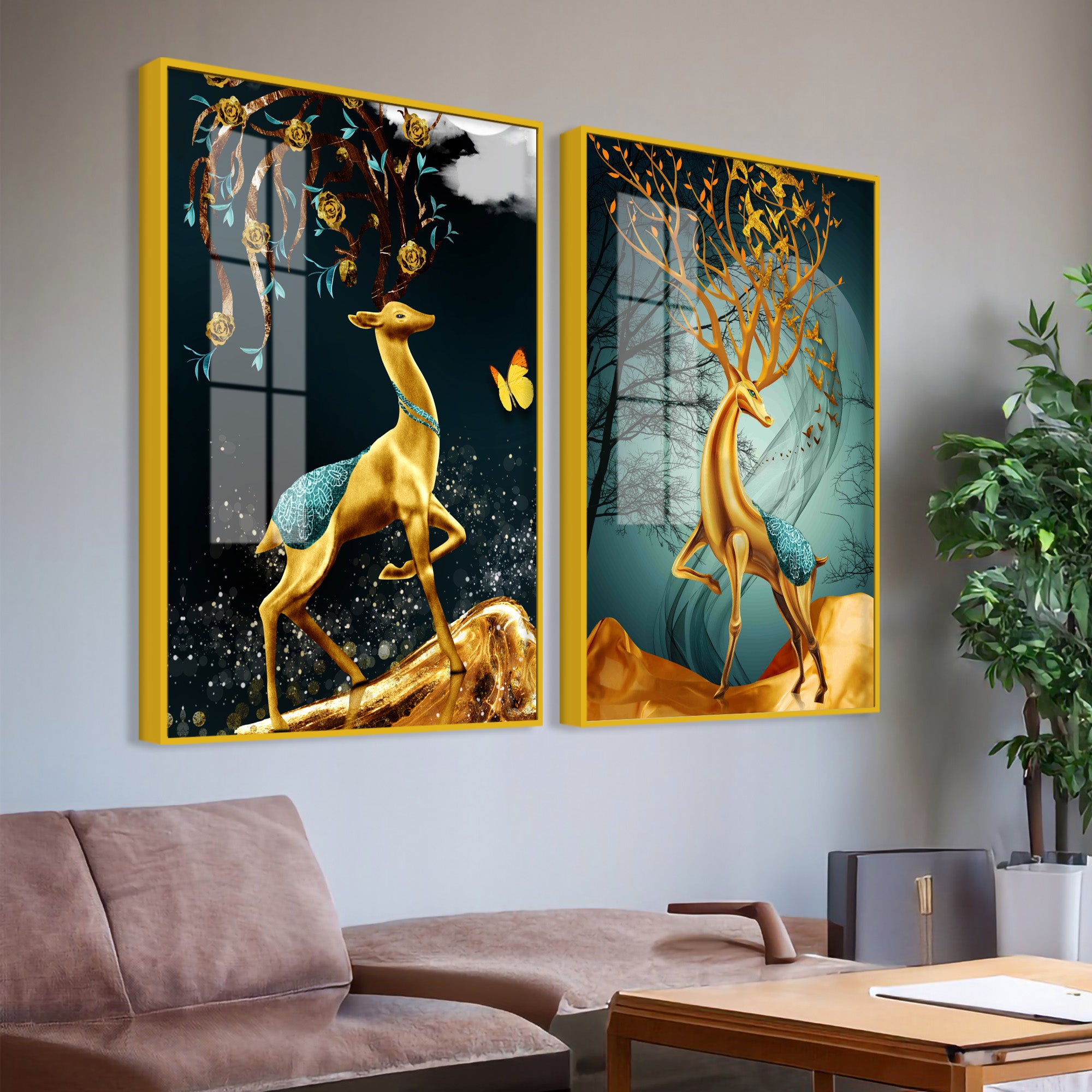 Abstract Luxury Golden Deer Acrylic Art Floating Wall Painting Set Of 2