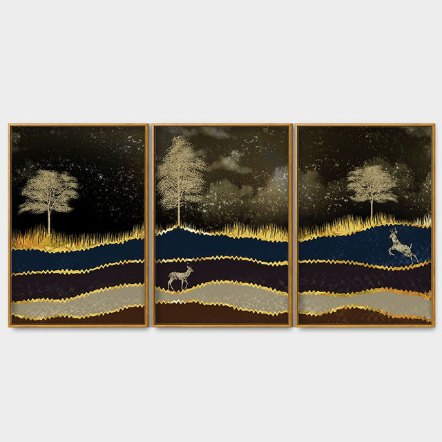 Abstract Midnight Golden Scenery with Deer Floating Canvas Wall Painting Set of Three