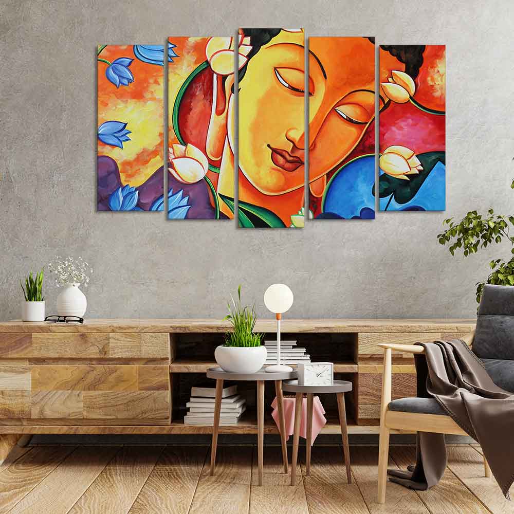 Abstract Wall Painting of Lord Spiritual Buddha Set of Five Pieces