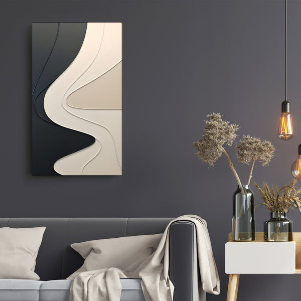 Abstract Wall Panel with Dimensional Curves in Black and Cream