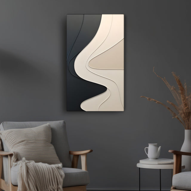 Abstract Wall Panel with Dimensional Curves in Black and Cream