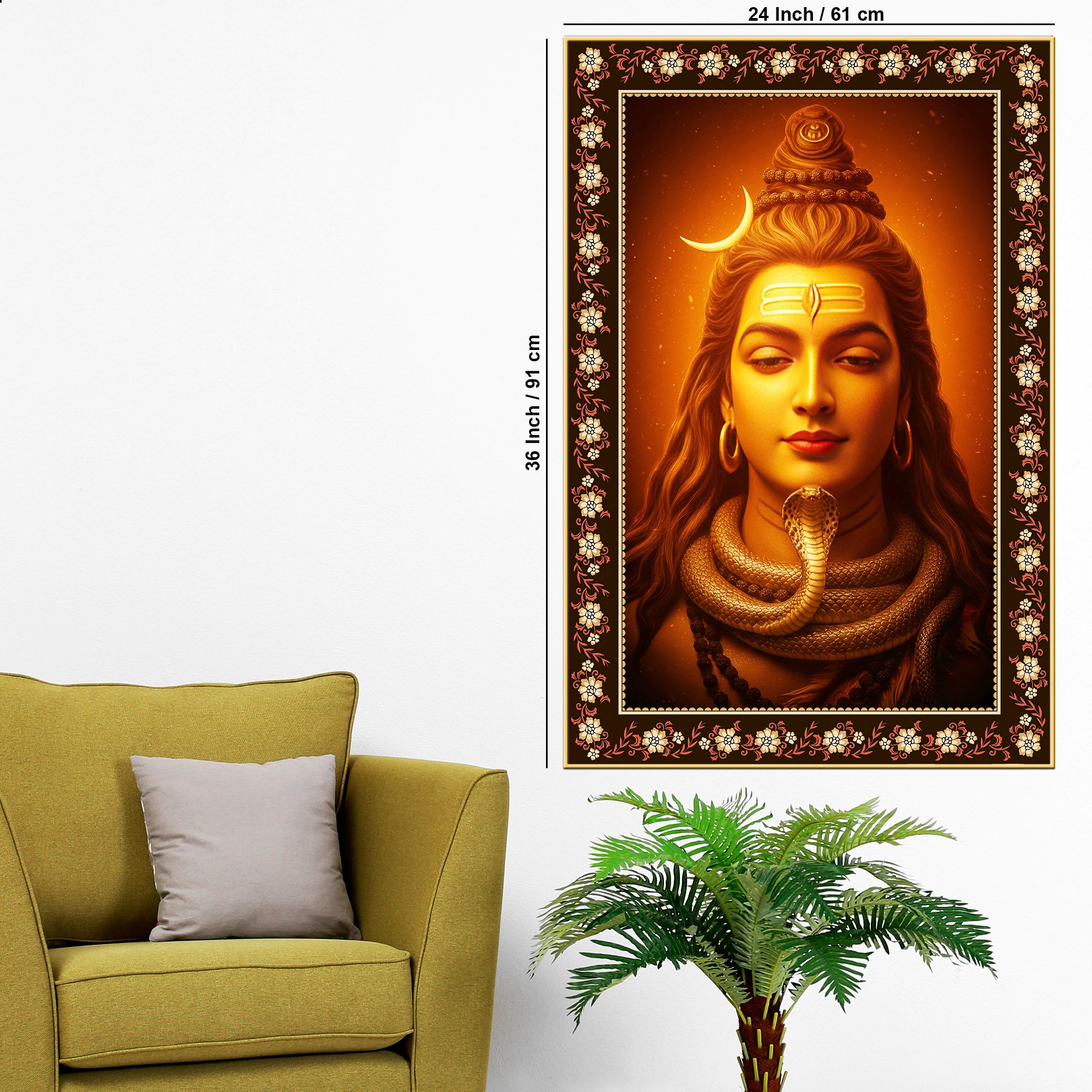 Adiyogi Shiva with Moon Floral Border Vertical Wall Painting