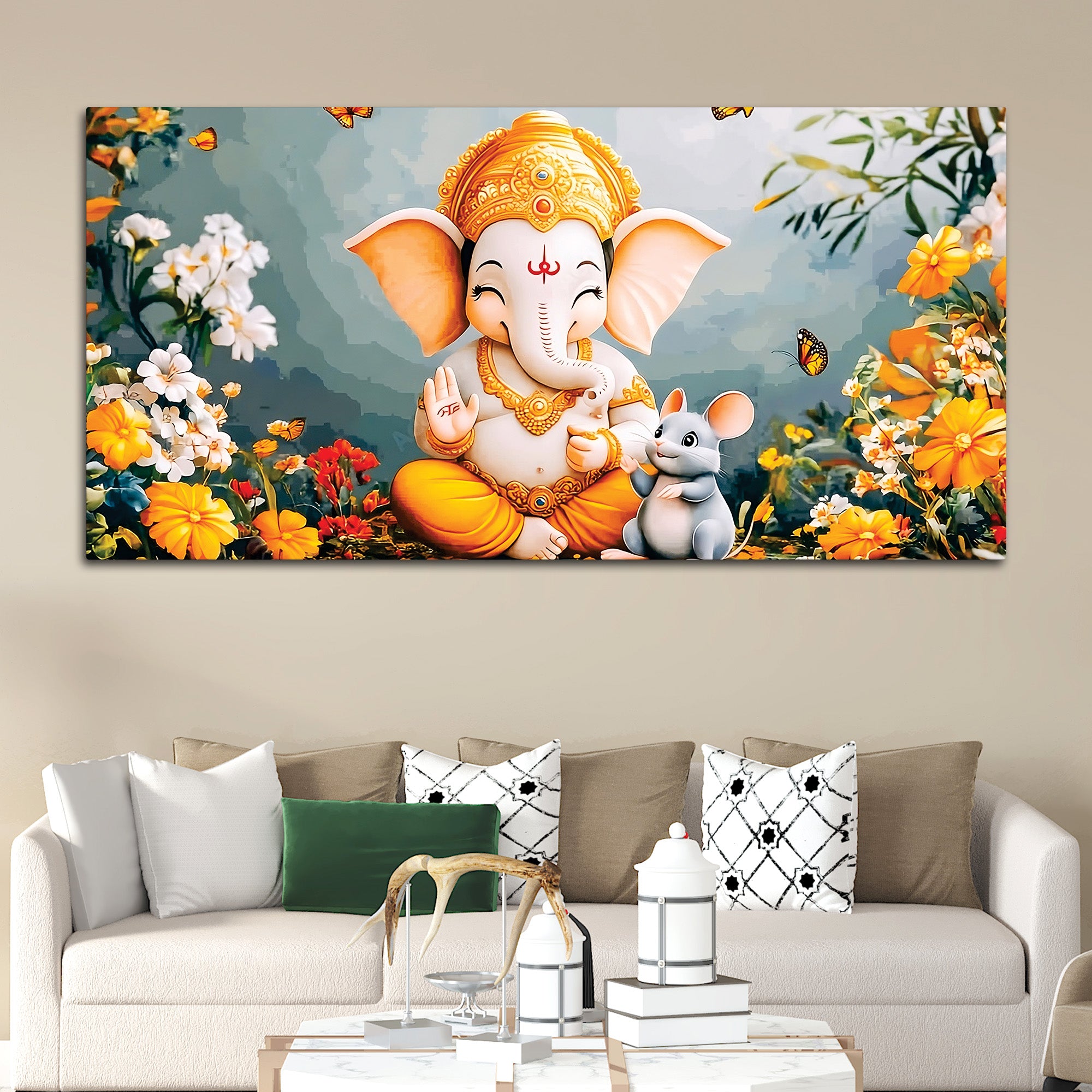 Adorable Bal Ganesha Sitted with Mooshak Giving Blessings Canvas Wall Painting for Home & Office – Spiritual Wall Art for Home Decor