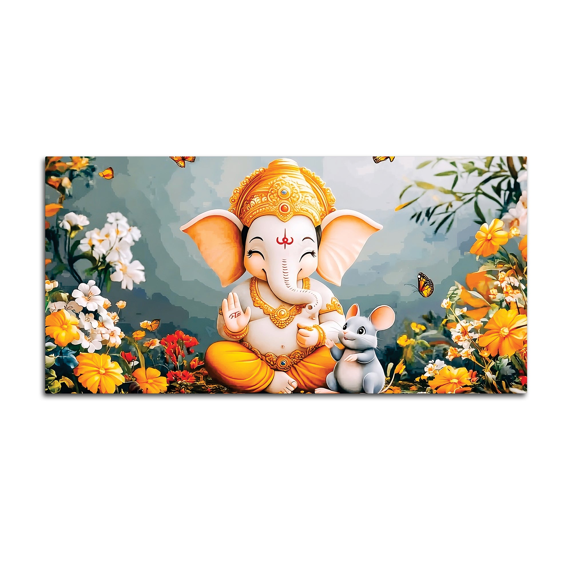 Adorable Bal Ganesha Sitted with Mooshak Giving Blessings Canvas Wall Painting for Home & Office – Spiritual Wall Art for Home Decor