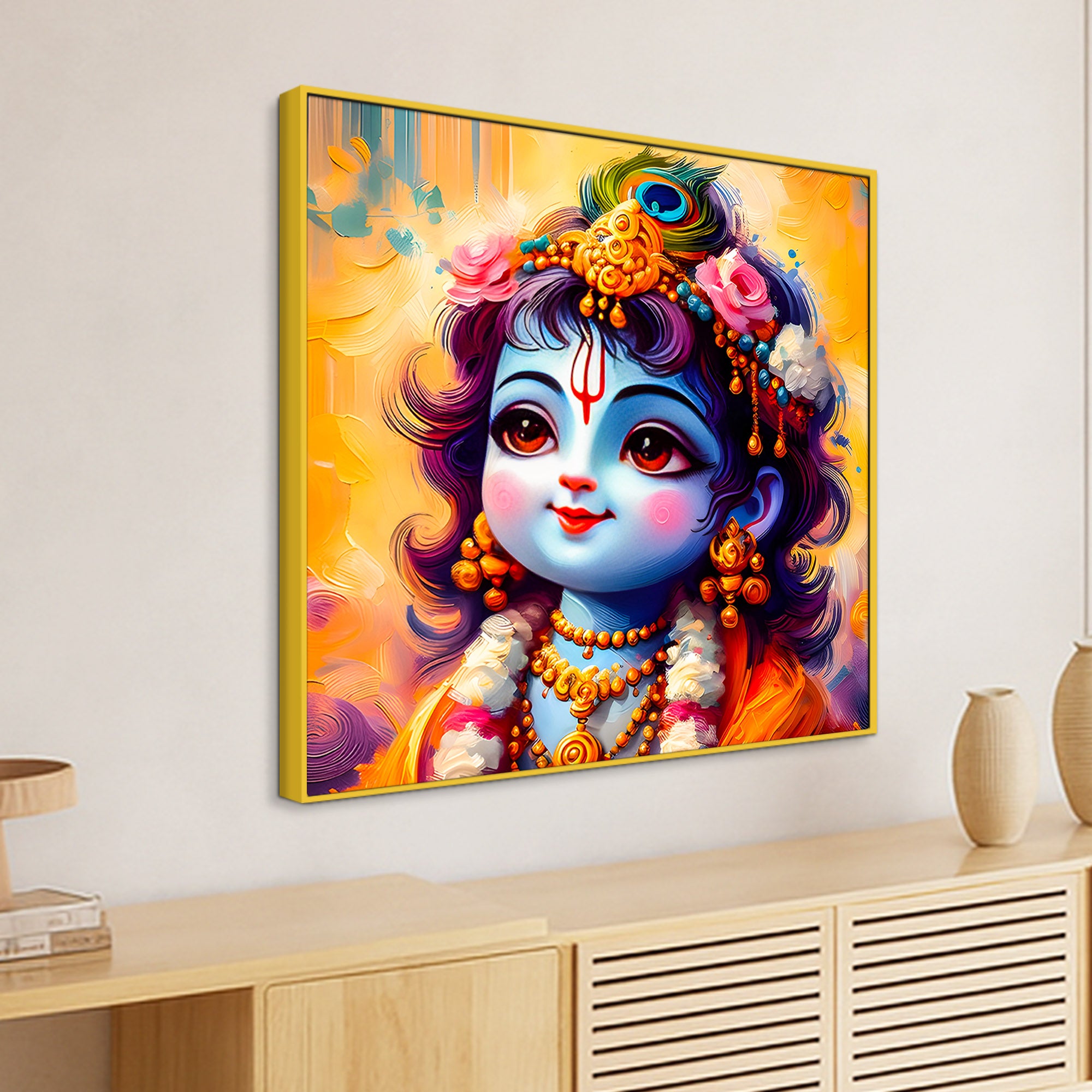 Adorable Little Krishna Canvas Wall Art Painting for Mandir & Living Room