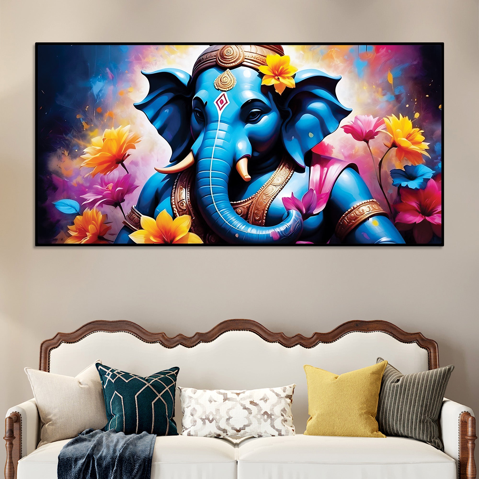 Aesthetic Blue Lord Ganesha with Floral Accents Canvas Wall Painting for Home & Office Decor – Modern Devotional Wall Art