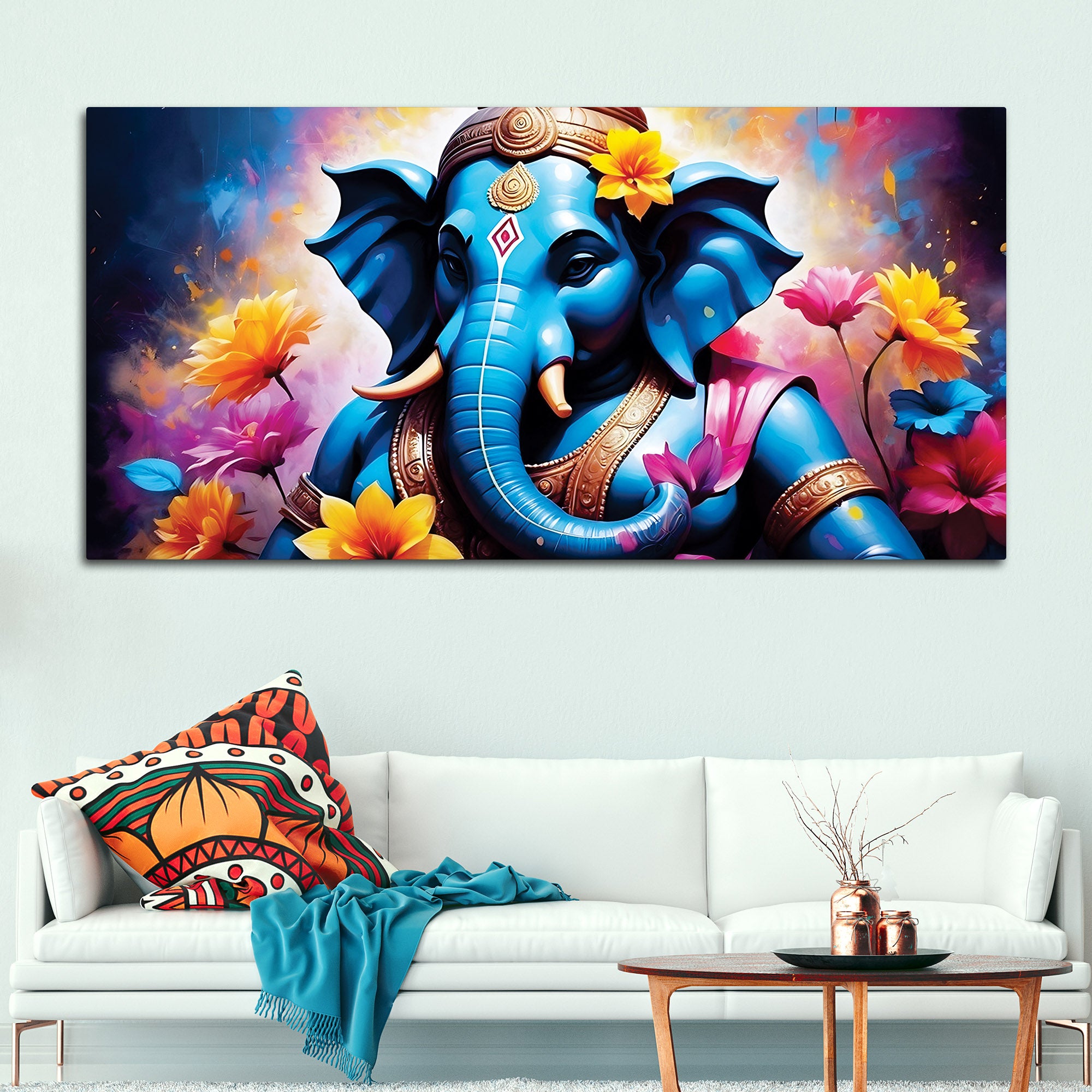 Aesthetic Blue Lord Ganesha with Floral Accents Canvas Wall Painting for Home & Office Decor – Modern Devotional Wall Art