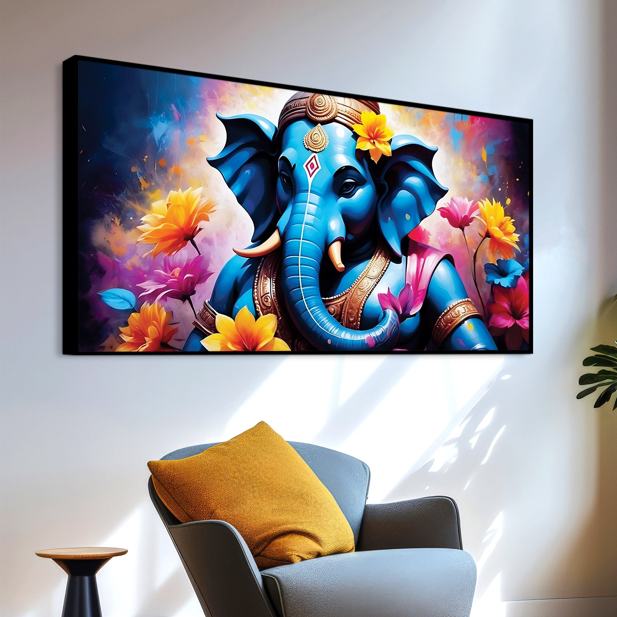 Aesthetic Blue Lord Ganesha with Floral Accents Canvas Wall Painting for Home & Office Decor – Modern Devotional Wall Art