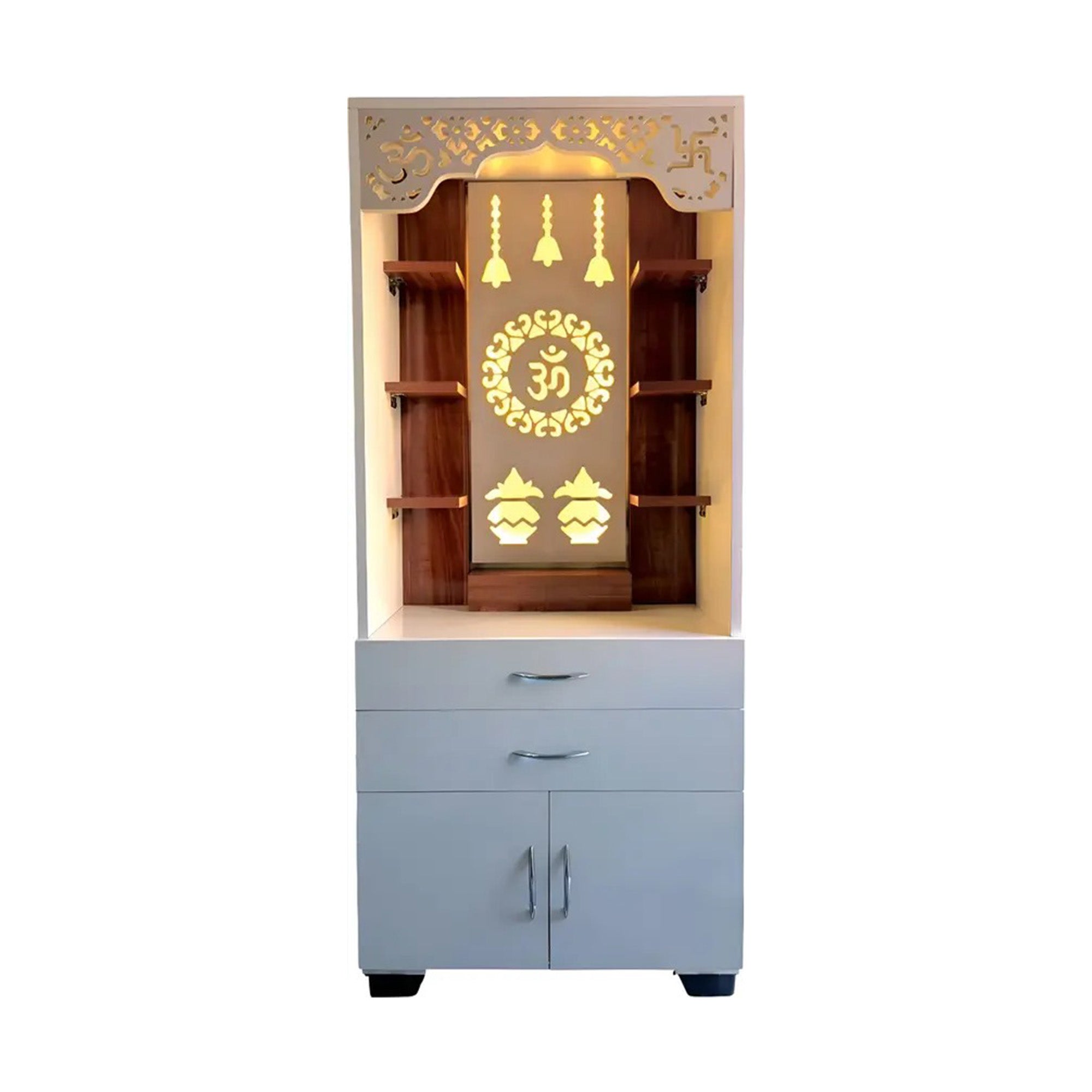 Aesthetic White Finish Wooden Floor Temple with Om LED Back Panel & Spacious Drawer Storage Cabinet for Home & Office