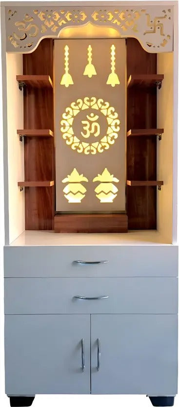 Aesthetic White Finish Wooden Floor Temple with Om LED Back Panel & Spacious Drawer Storage Cabinet for Home & Office