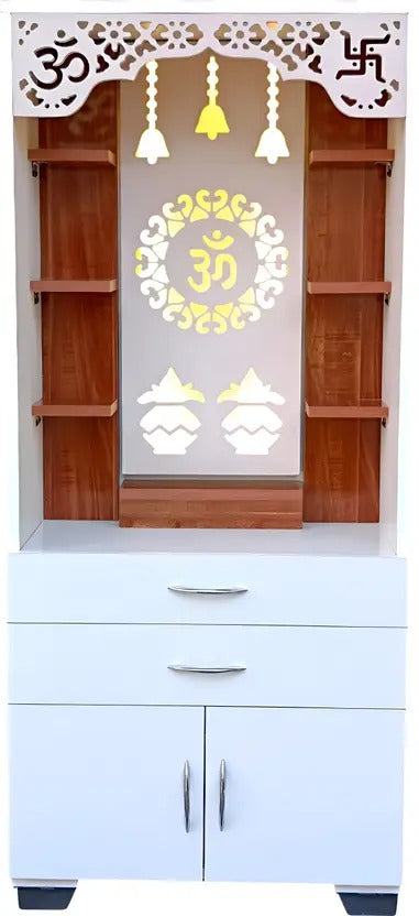 Aesthetic White Finish Wooden Floor Temple with Om LED Back Panel & Spacious Drawer Storage Cabinet for Home & Office