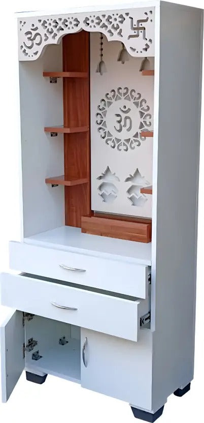 Aesthetic White Finish Wooden Floor Temple with Om LED Back Panel & Spacious Drawer Storage Cabinet for Home & Office
