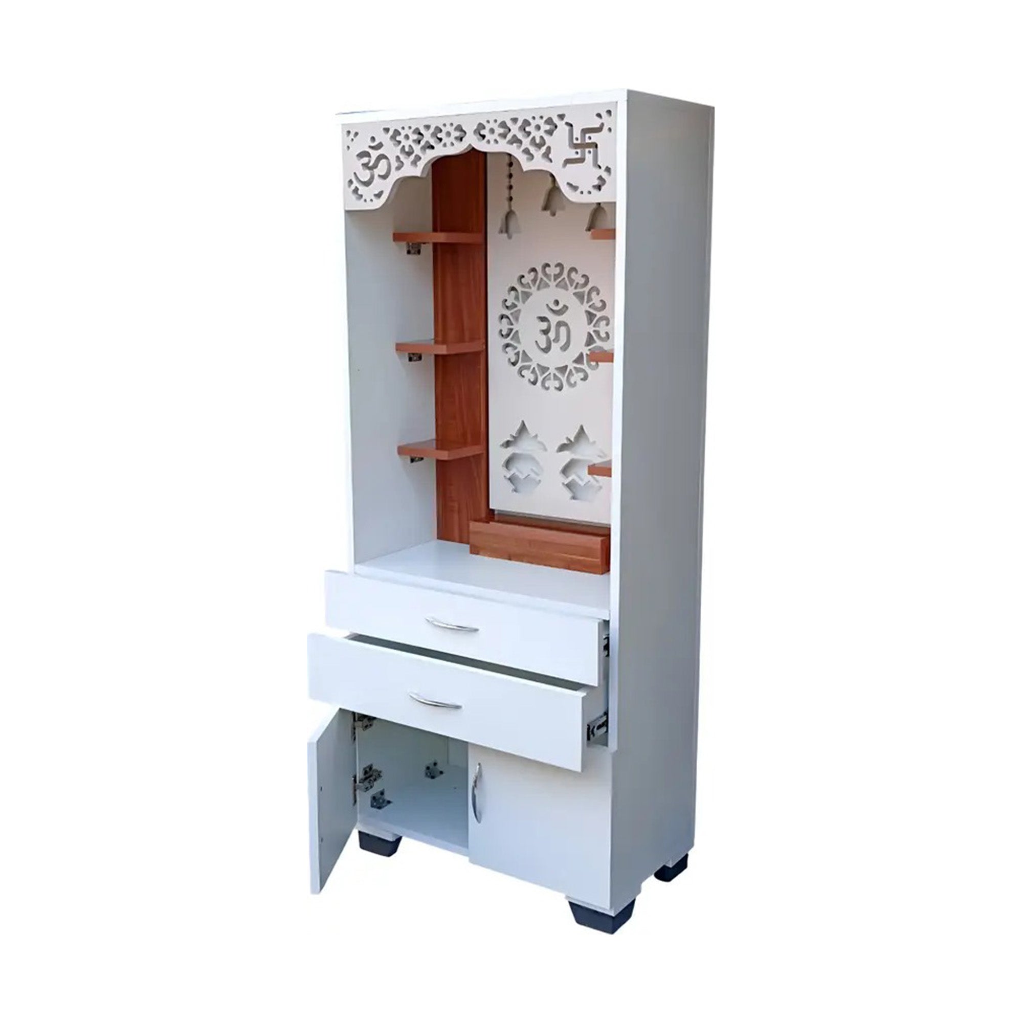 Aesthetic White Finish Wooden Floor Temple with Om LED Back Panel & Spacious Drawer Storage Cabinet for Home & Office