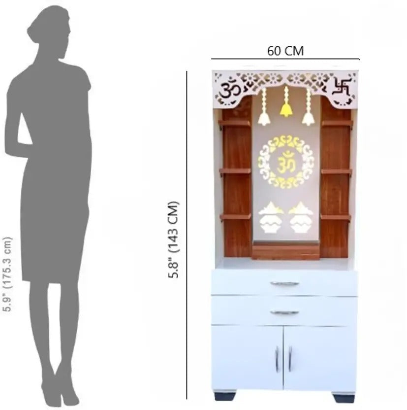 Aesthetic White Finish Wooden Floor Temple with Om LED Back Panel & Spacious Drawer Storage Cabinet for Home & Office