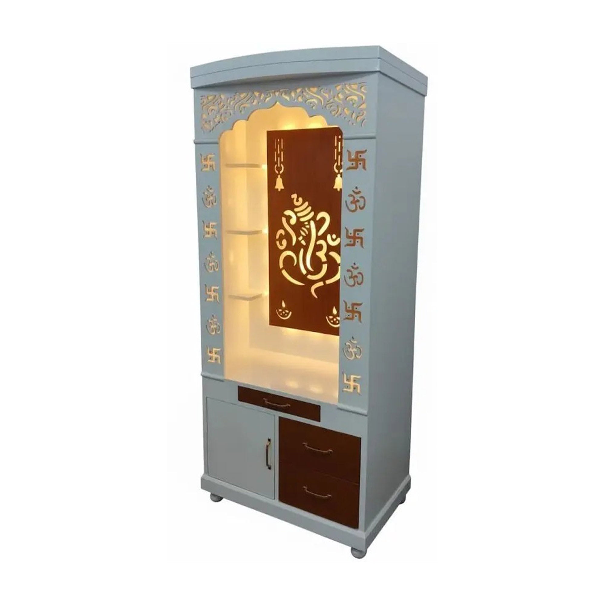 Aesthetic White Finish Wooden Floor Temple with Shri Ganeshji LED Back Panel & Spacious Drawer Storage Cabinet for Home & Office