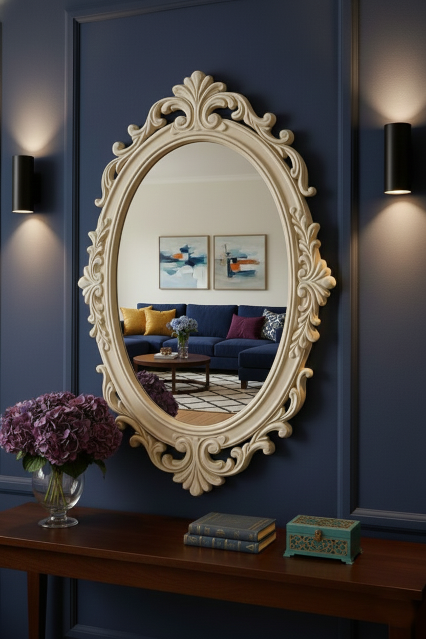 Antique Style Oval Wall Mirror with Ornate Carved Frame – Luxury Decorative Wall Mirrors for Home & Studio