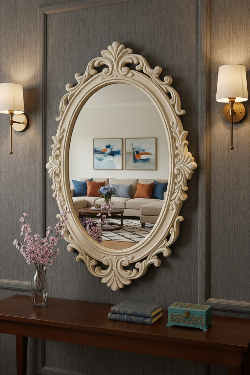 Antique Style Oval Wall Mirror with Ornate Carved Frame – Luxury Decorative Wall Mirrors for Home & Studio