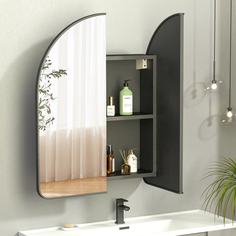 Arched Bathroom Mirror Cabinet with Black Frame & Dual Doors
