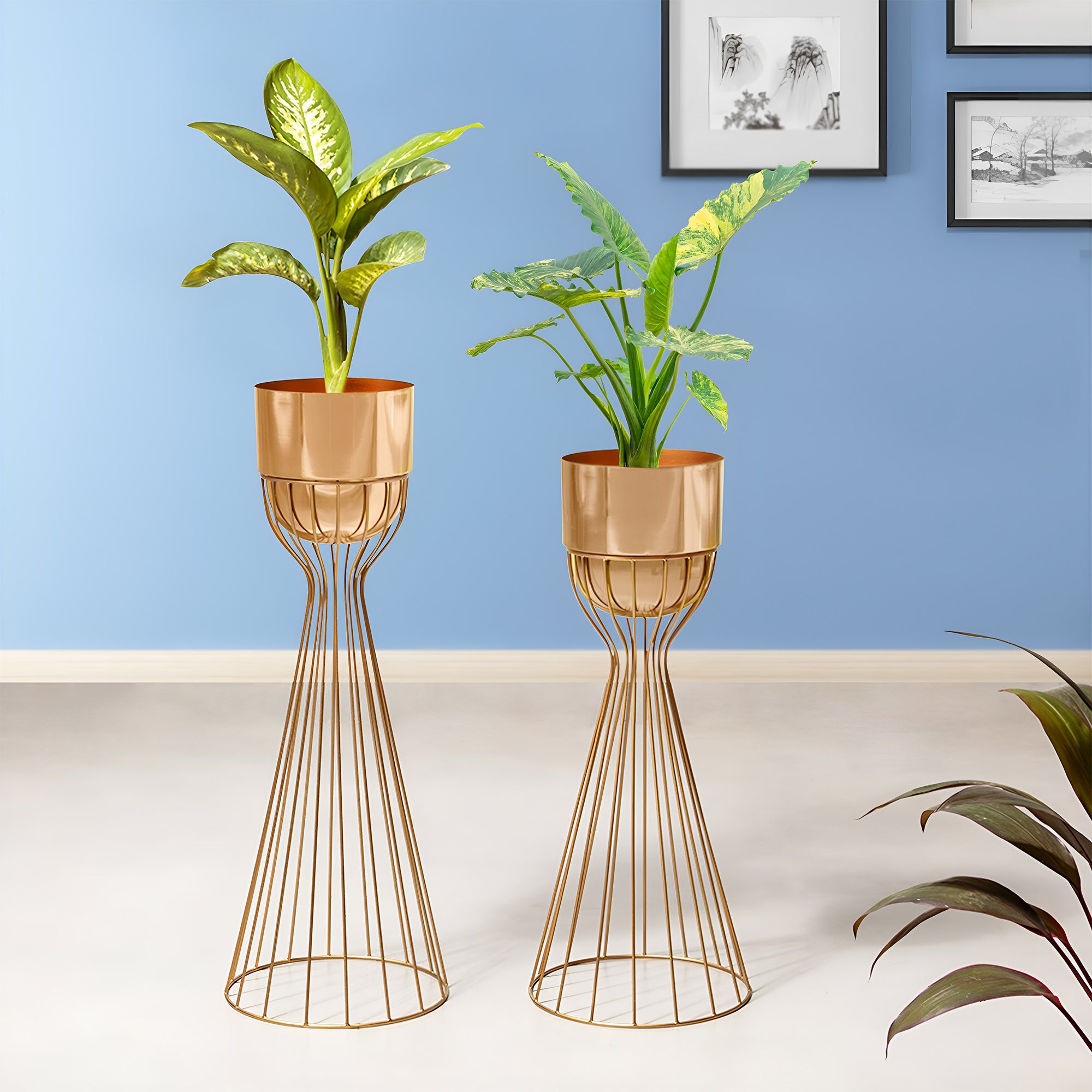 Artful Foliage Golden Stand & Gold Pot Planters Set of 2