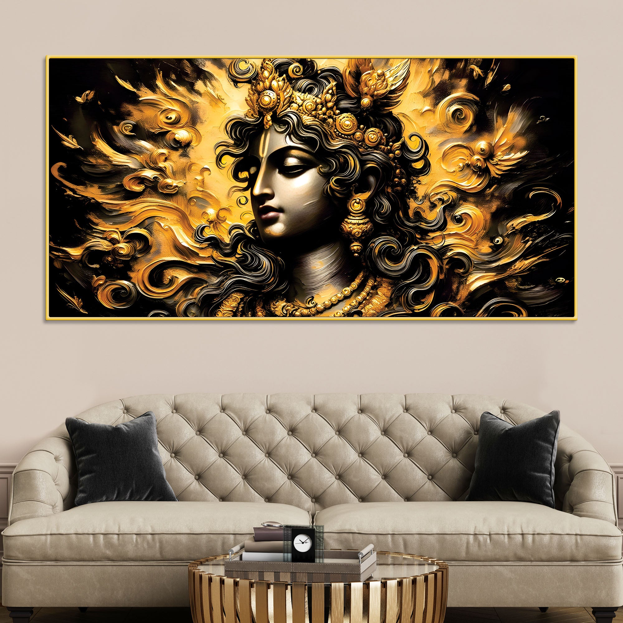 Artistic Lord Krishna Gold Effect Canvas Painting for Home Interiors