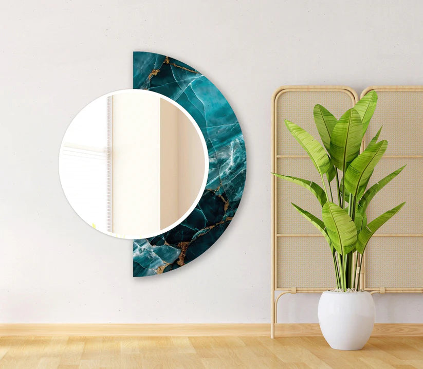 Artistic Round Acrylic Wall Mirror with Teal Stone Design
