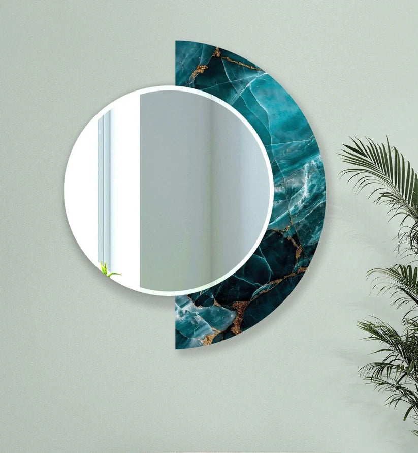 Artistic Round Acrylic Wall Mirror with Teal Stone Design
