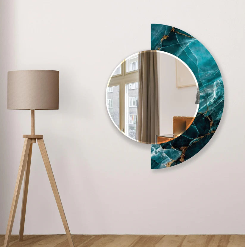 Artistic Round Acrylic Wall Mirror with Teal Stone Design