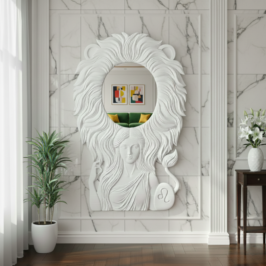 Artistic Sculptural 3D Wall Mirror with Female Figure & Lion Mane Design – Creative Art Wall Mirror for Home & Office