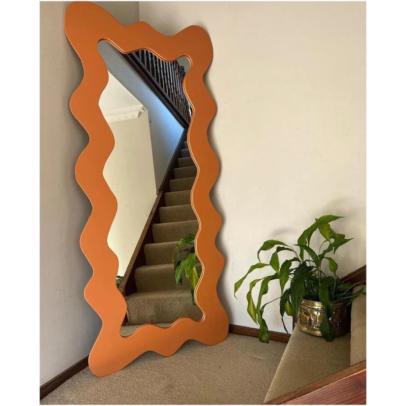 Artistic Wavy Edge Standing Mirror with Zigzag Frame