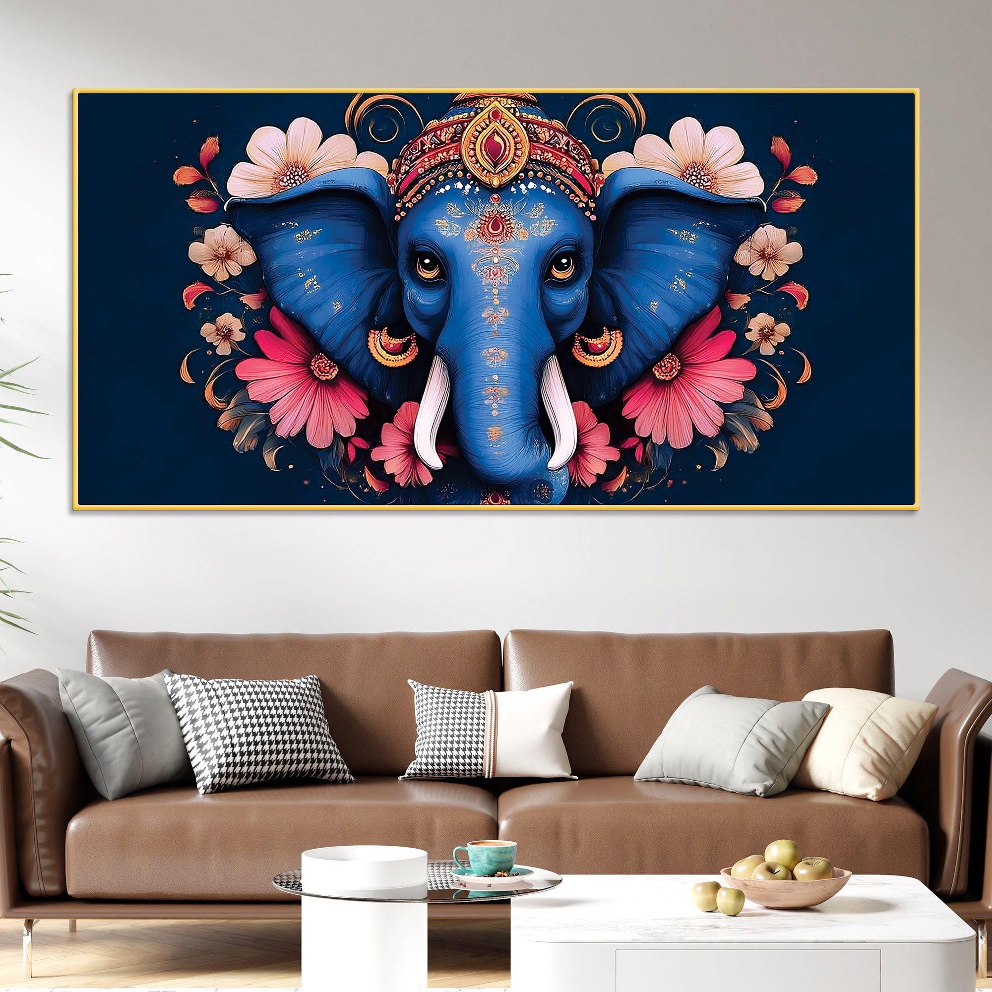 Auspicious Blue Lord Ganesha Adorned With Flowers Traditional Folk Art Style Canvas Wall Painting For Home & Office Spaces