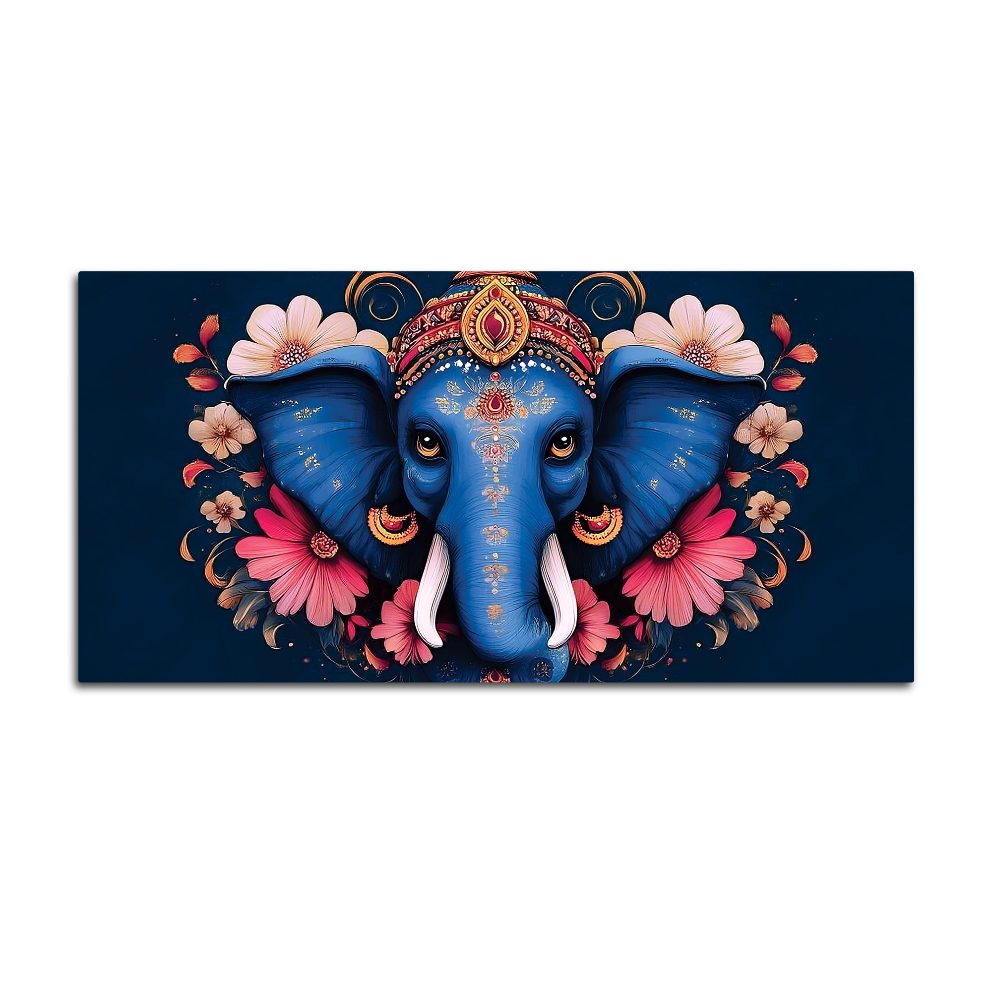 Auspicious Blue Lord Ganesha Adorned With Flowers Traditional Folk Art Style Canvas Wall Painting For Home & Office Spaces