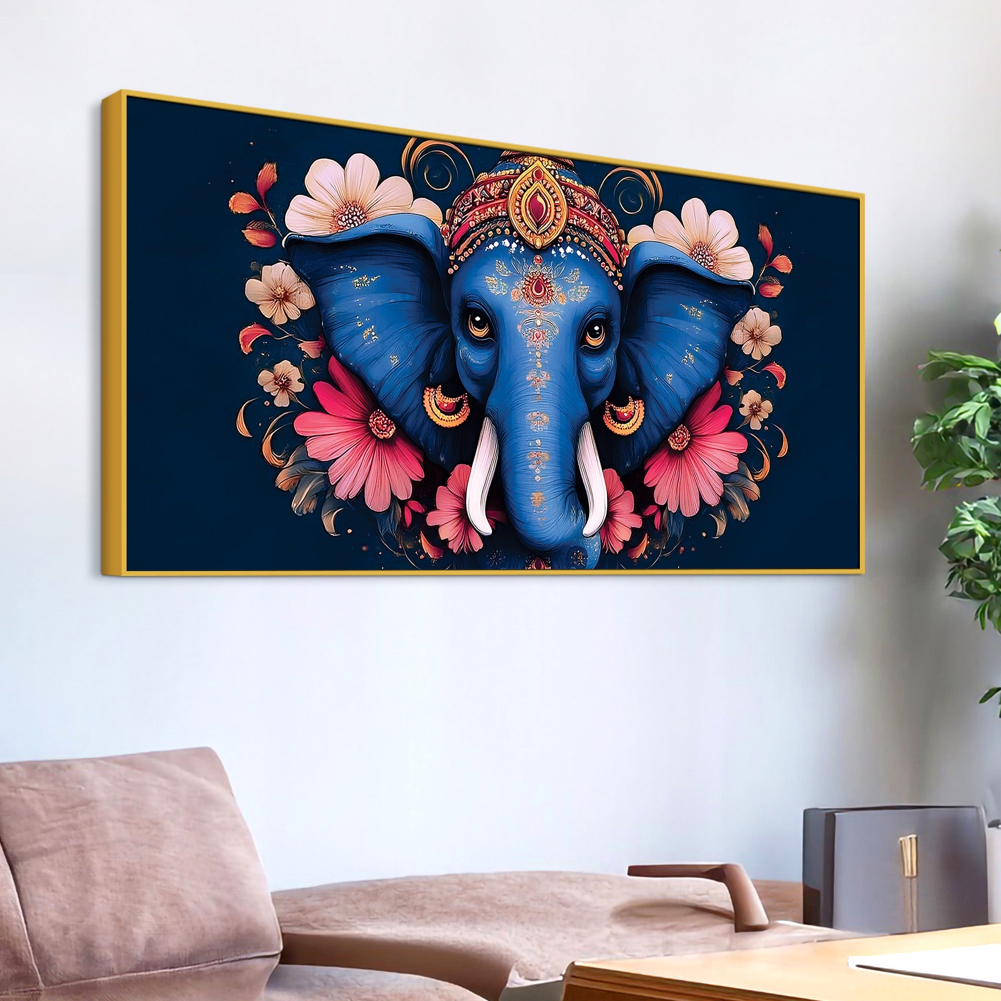 Auspicious Blue Lord Ganesha Adorned With Flowers Traditional Folk Art Style Canvas Wall Painting For Home & Office Spaces