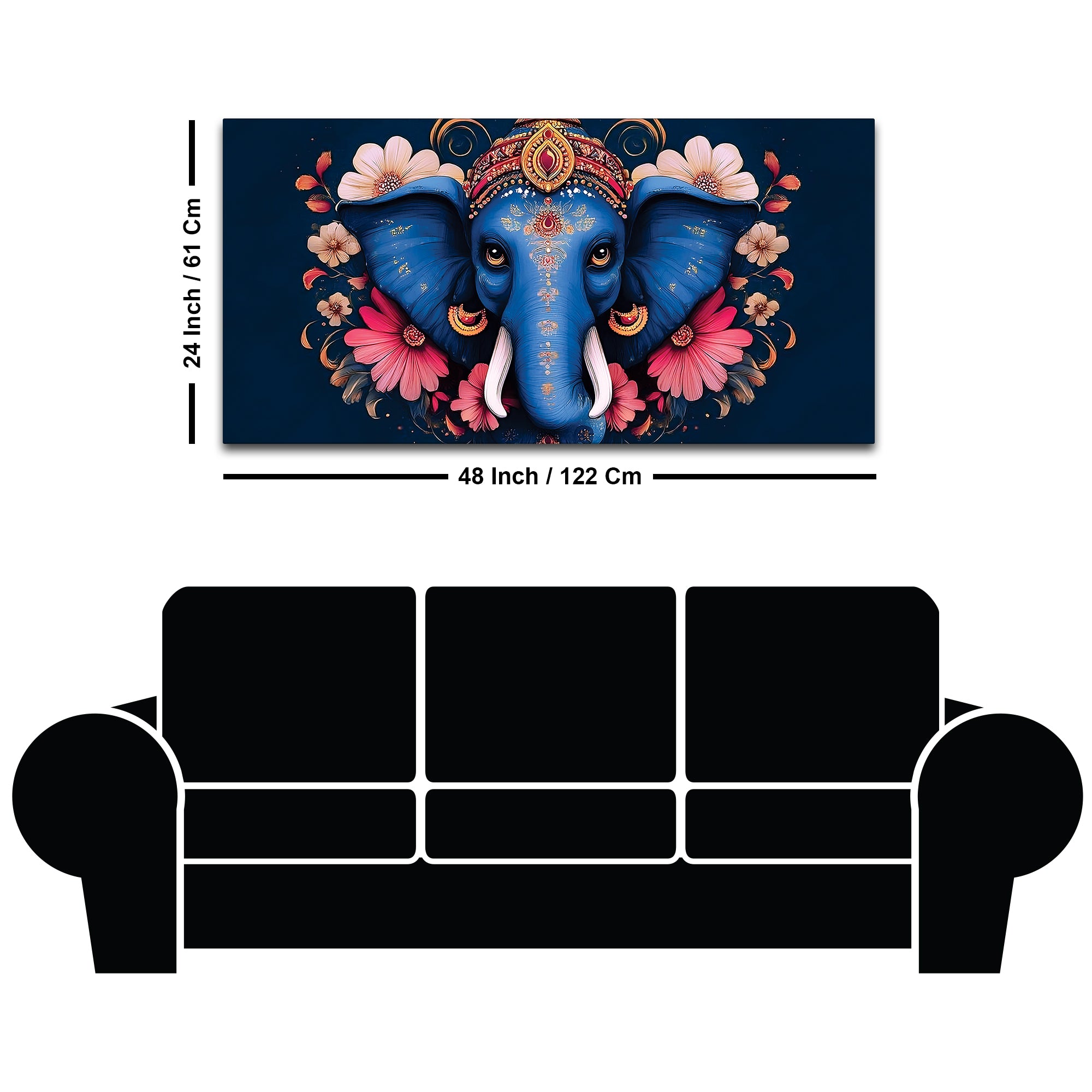 Auspicious Blue Lord Ganesha Adorned With Flowers Traditional Folk Art Style Canvas Wall Painting For Home & Office Spaces
