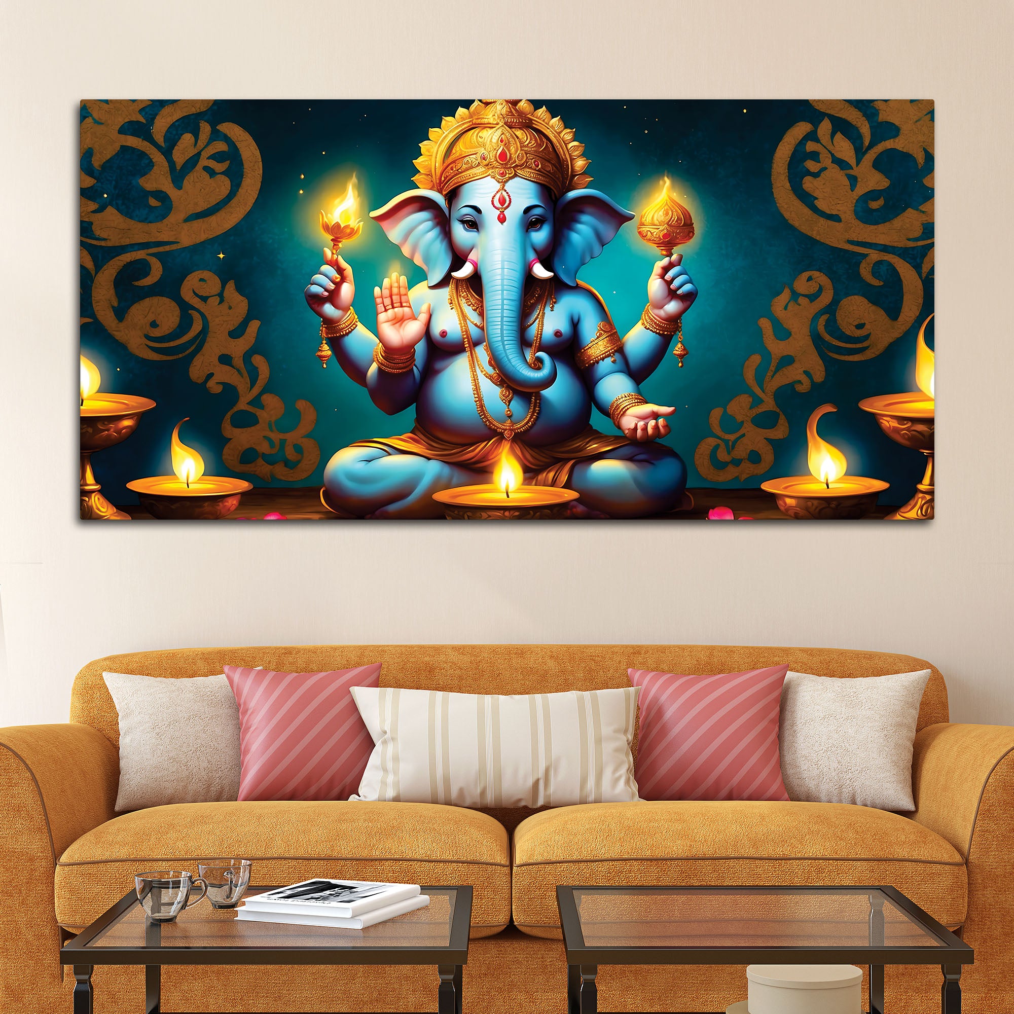 Auspicious Blue Lord Ganesha Sitted with Diyas Aesthetic Canvas Wall Painting for Home & Office Decor – Modern Devotional Wall Art