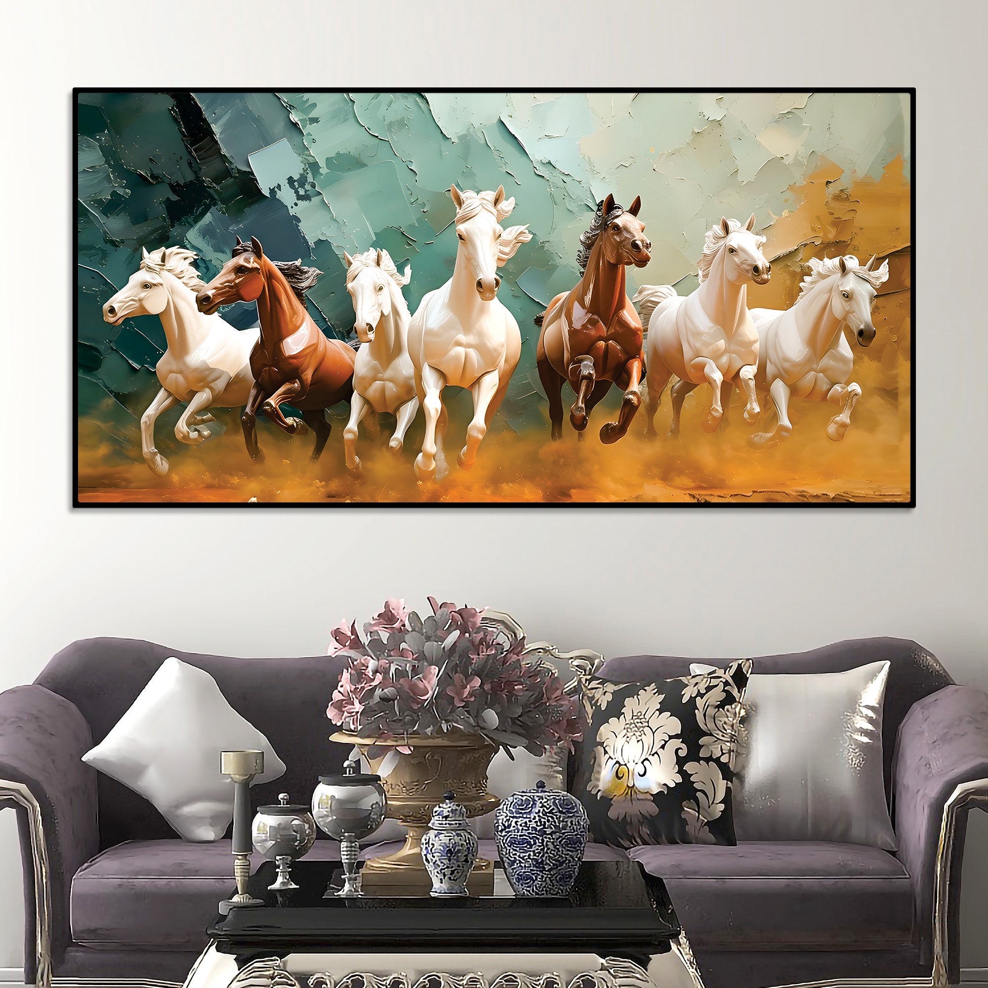 Auspicious Canvas wall Painting of Seven Running Horses