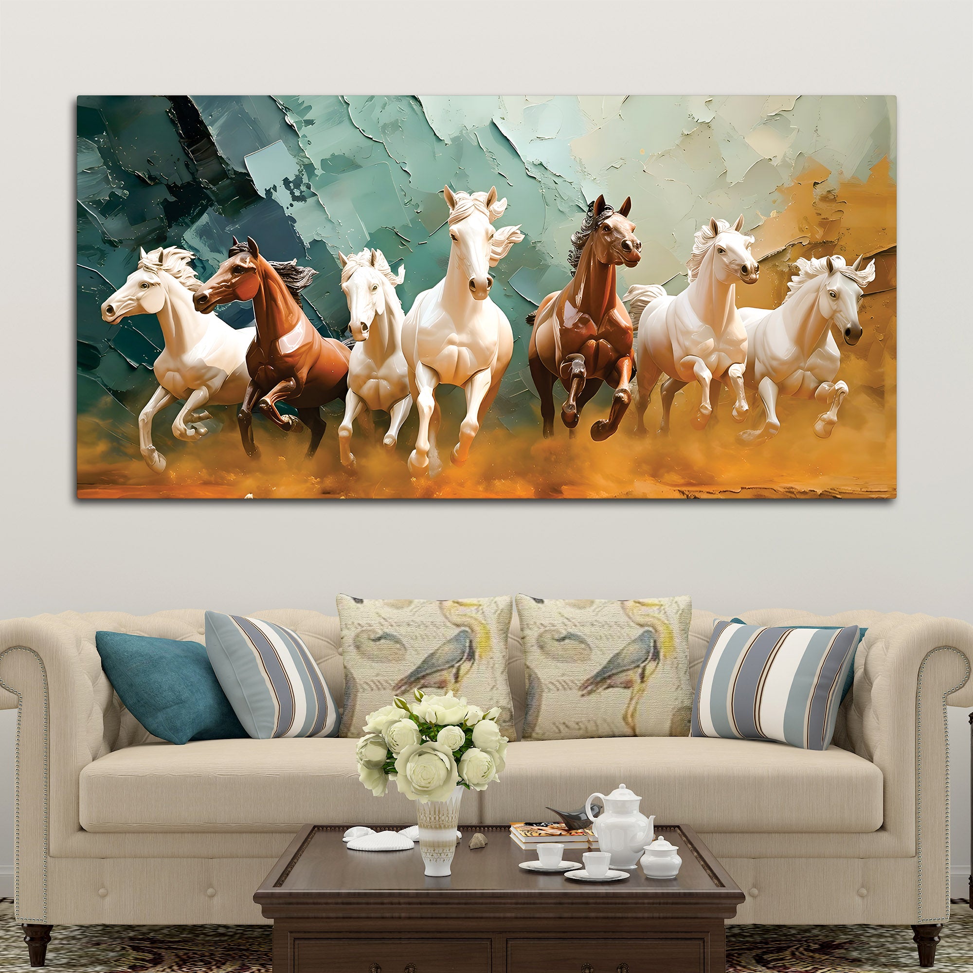 Auspicious Canvas wall Painting of Seven Running Horses