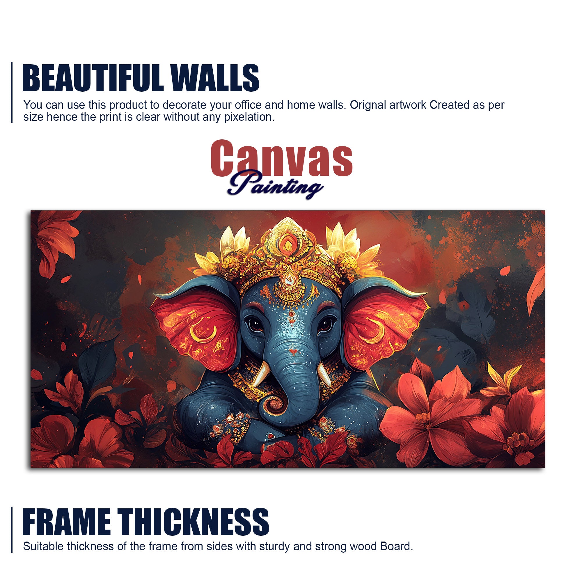 Auspicious Lord Ganesh Golden Adornments Fiery Canvas Wall Painting