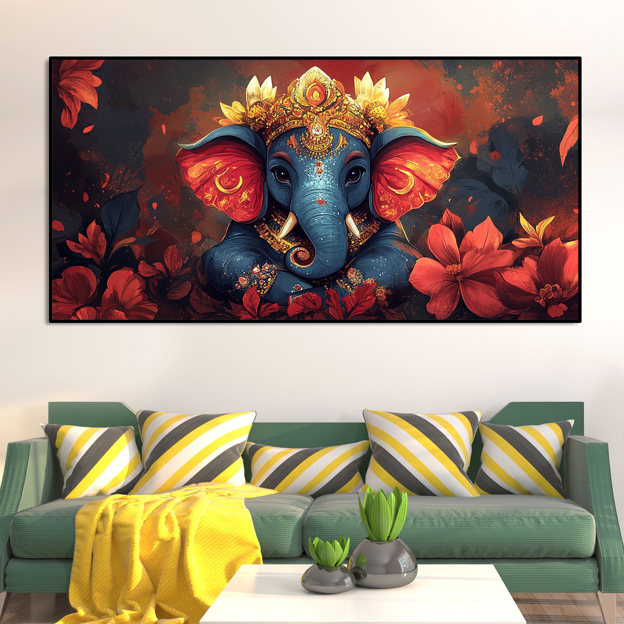 Auspicious Lord Ganesh Golden Adornments Fiery Canvas Wall Painting