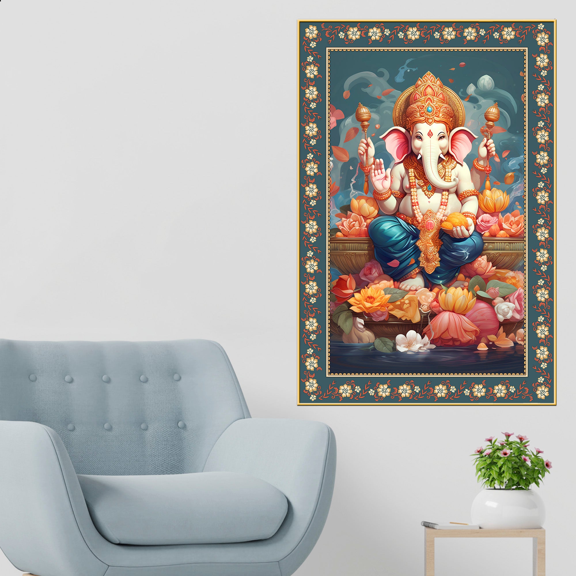Auspicious Lord Ganpati Floral Border Vertical Wall Painting