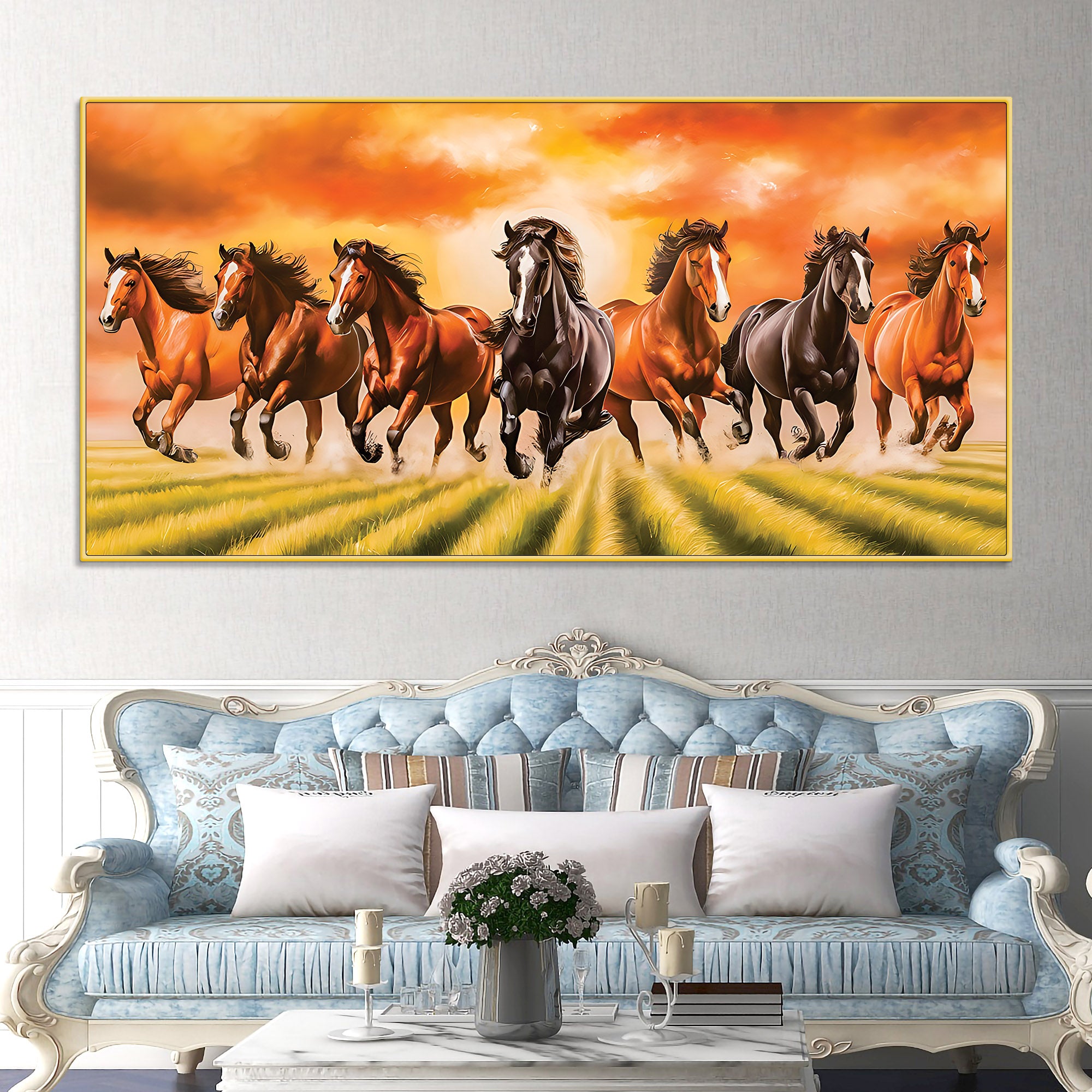 Auspicious Seven Running Horses in Field Canvas wall Painting