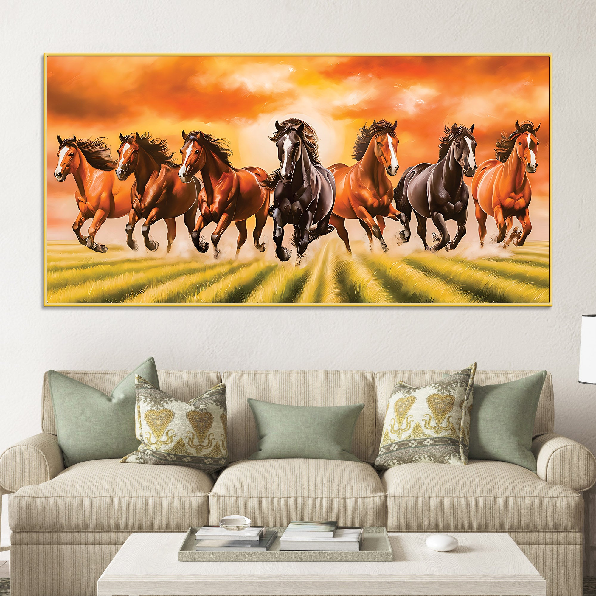 Auspicious Seven Running Horses in Field Canvas wall Painting