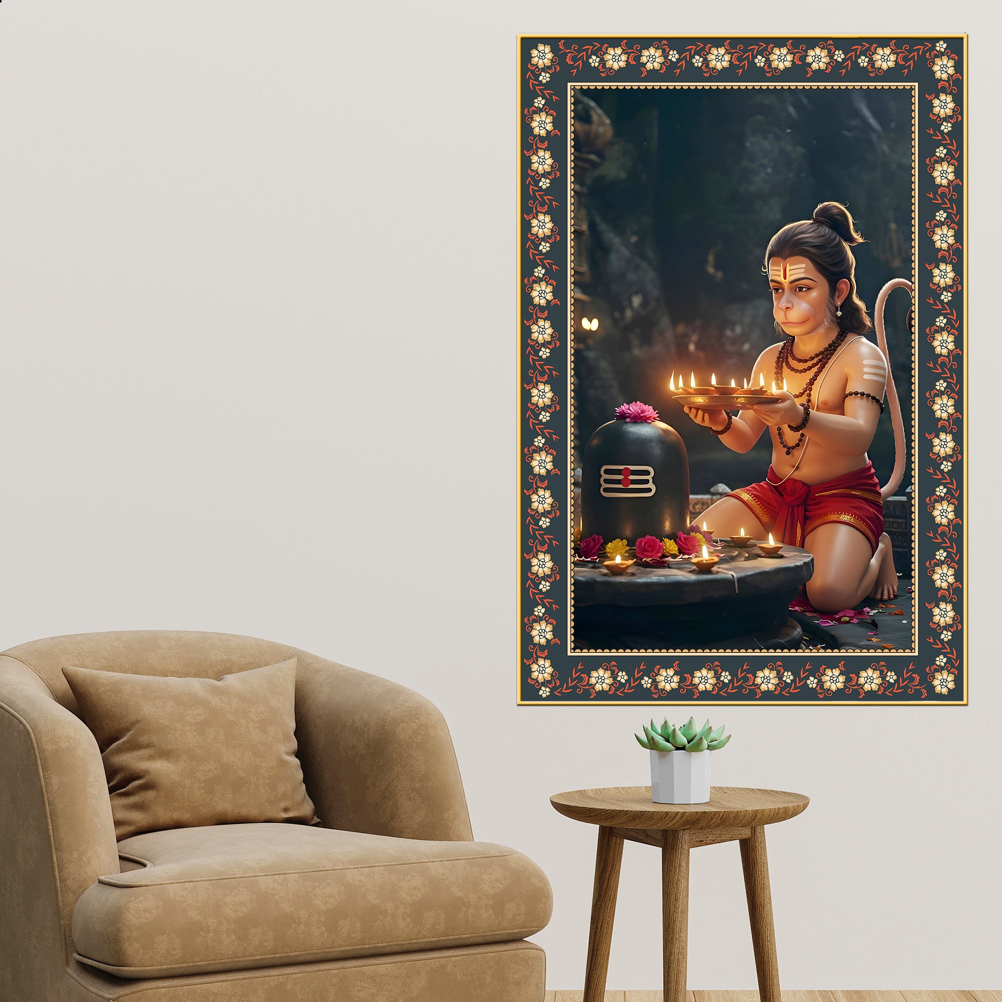 Bal Hanuman with Shivling Floral Border Vertical Wall Painting
