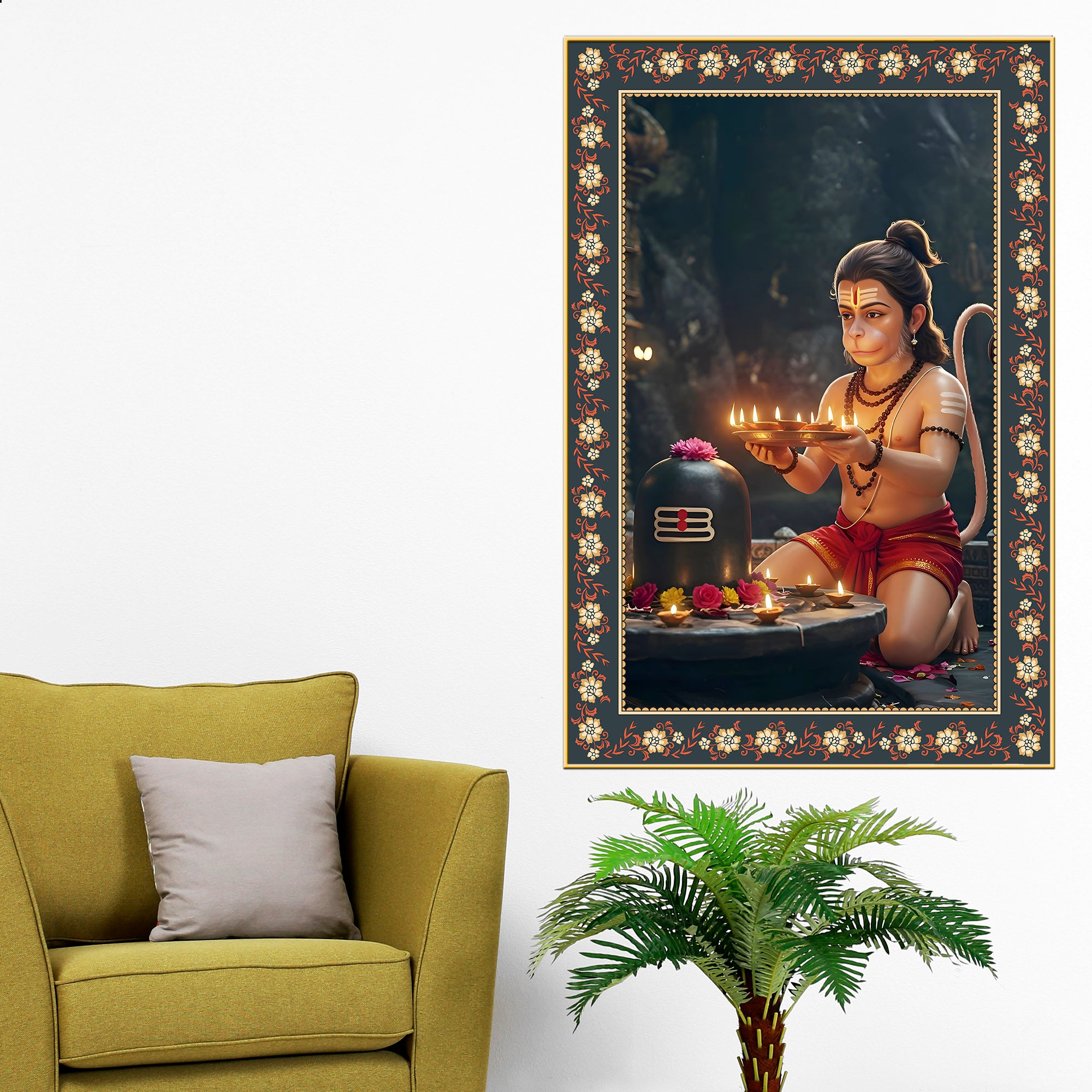 Bal Hanuman with Shivling Floral Border Vertical Wall Painting