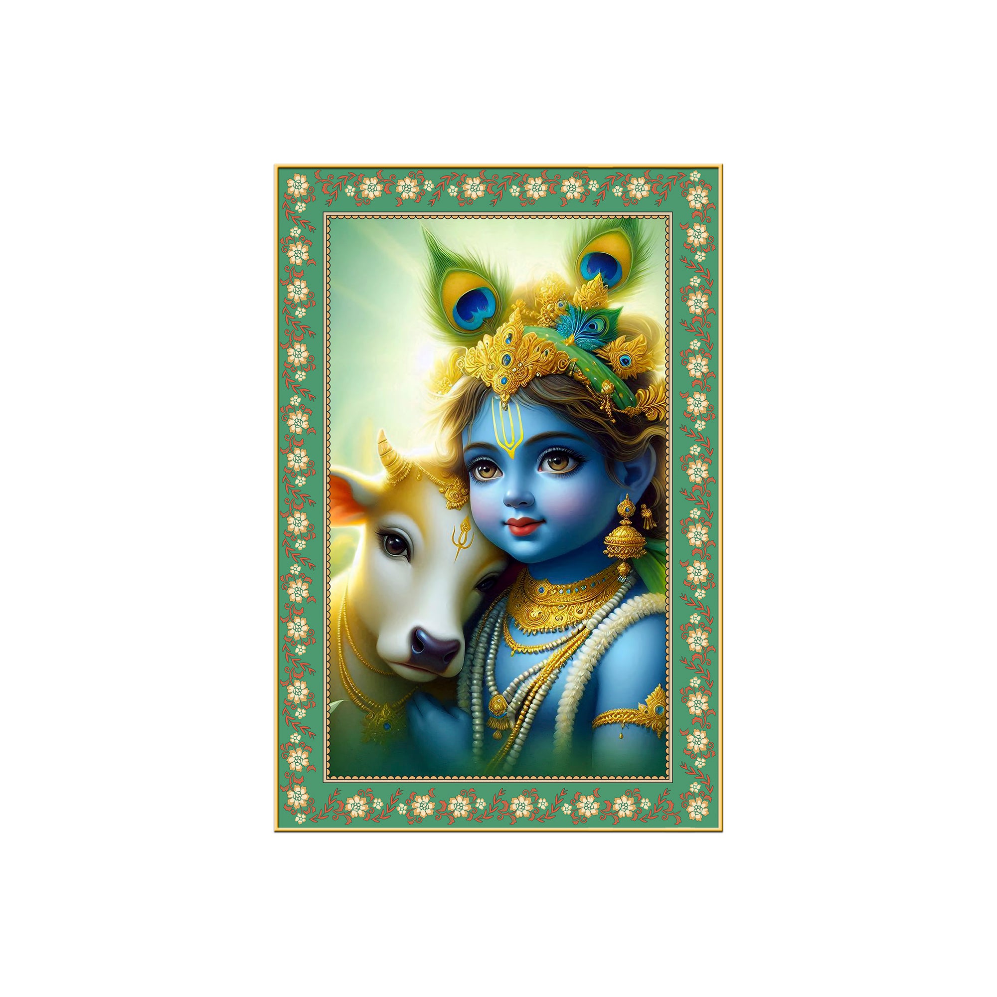 Bal Krishna with Cow Floral Border Vertical Wall Painting