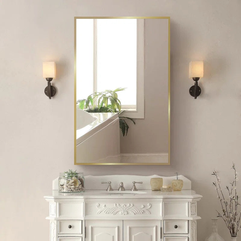 Bathroom Mirror with Gold Wooden Frame and Internal Shelves