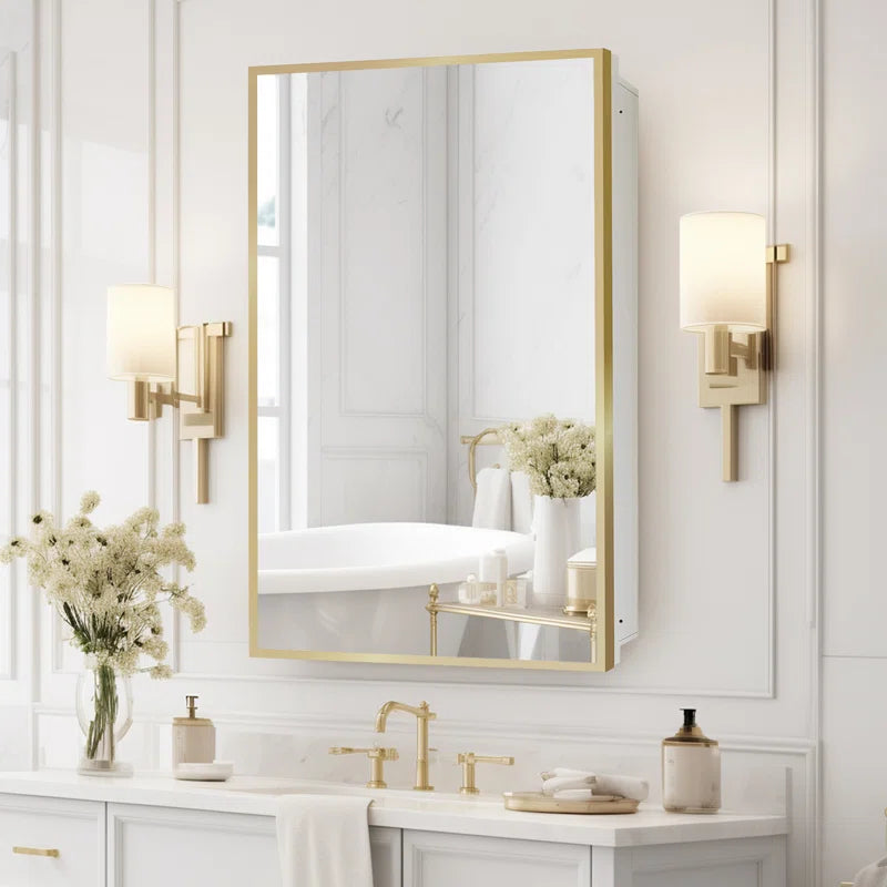 Bathroom Mirror with Gold Wooden Frame and Internal Shelves