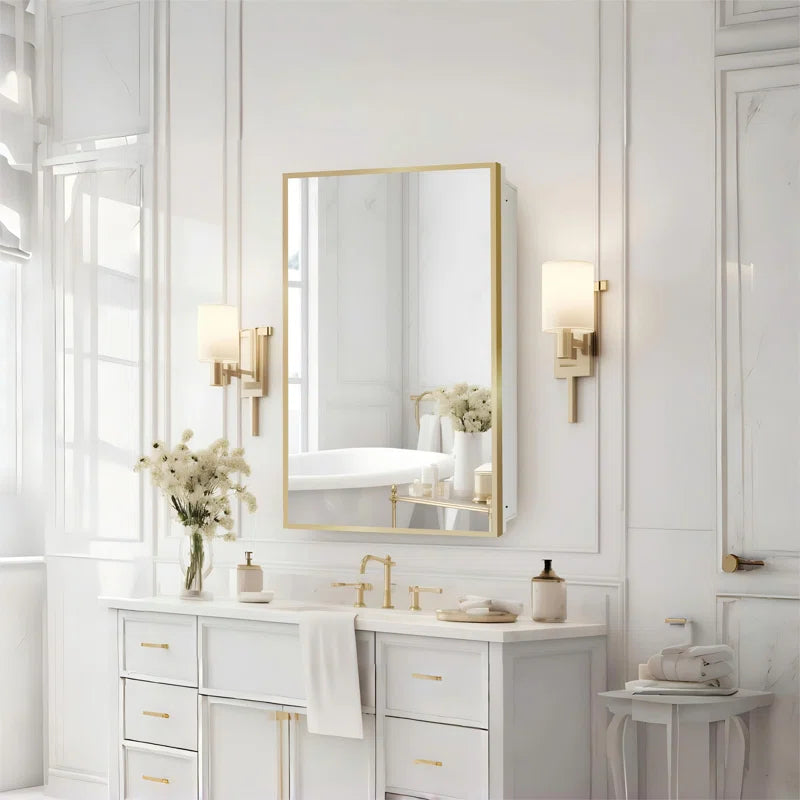 Bathroom Mirror with Gold Wooden Frame and Internal Shelves
