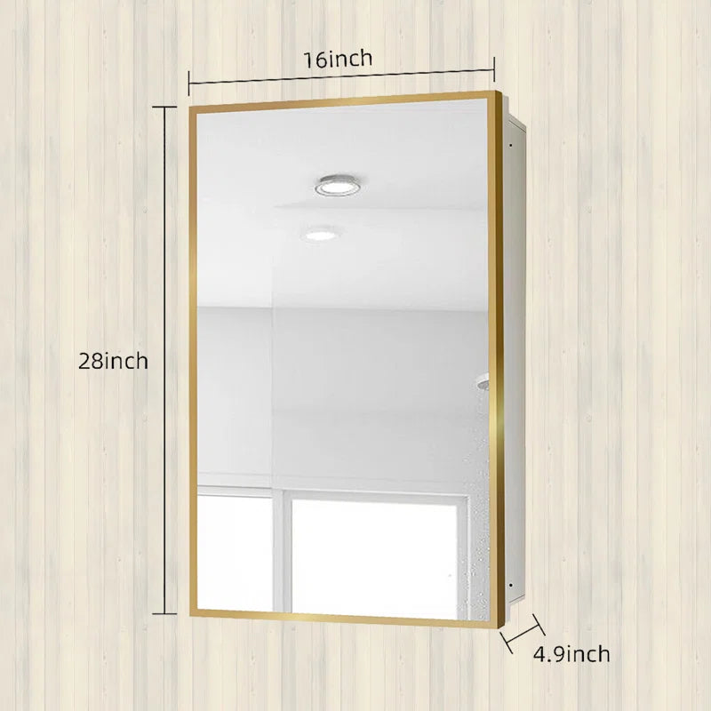 Bathroom Mirror with Gold Wooden Frame and Internal Shelves