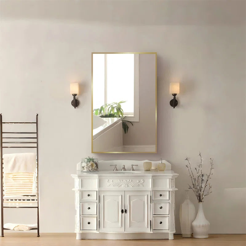 Bathroom Mirror with Gold Wooden Frame and Internal Shelves